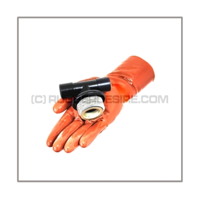 Gasmask-t-joint T-MEDI-M-OCC with 22 mm mediport male to gasmask-connector-thread male and 22 mm mediport male without breathing reduction vent